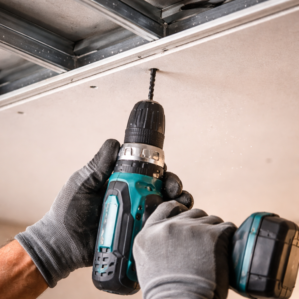 Installer working on a galvanised C-channel framing grid during a Bangalore false ceiling installation