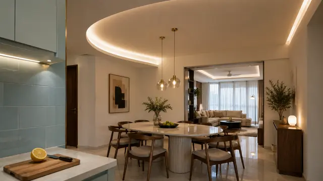 Modern Bangalore apartment living room with a layered gypsum ceiling and warm cove lighting, evening, wide angle