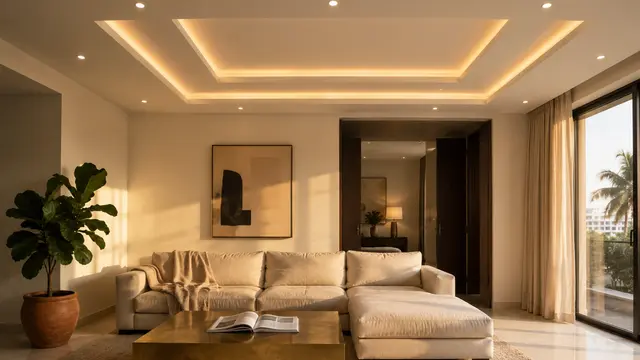 A finished Bangalore apartment living room with a layered gypsum ceiling and warm cove lighting, evening, wide angle showing the full room scale