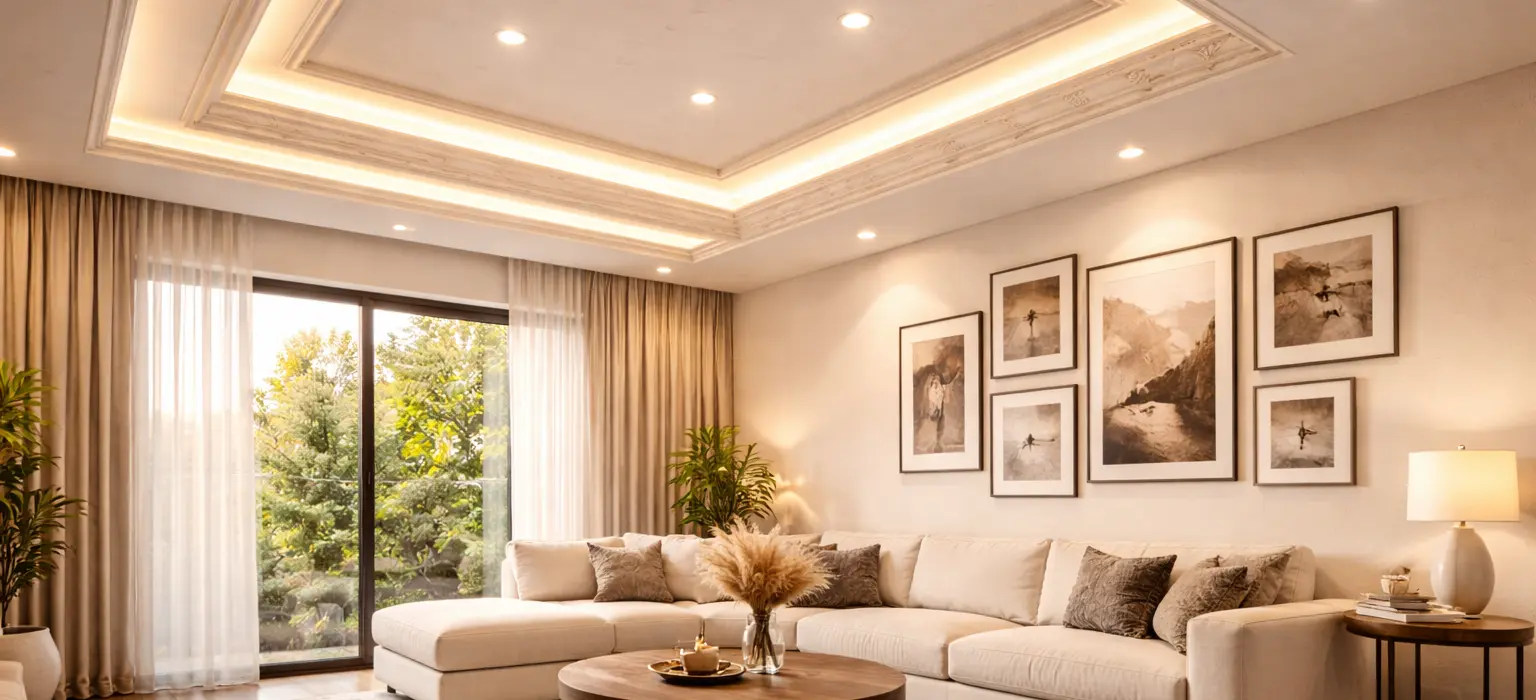 A finished Bangalore apartment living room with a layered gypsum ceiling and warm cove lighting, evening, wide angle showing the full room scale