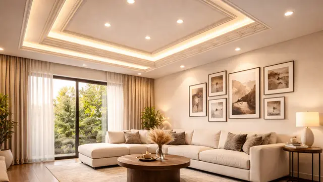 A finished Bangalore apartment living room with a layered gypsum ceiling and warm cove lighting, evening, wide angle showing the full room scale