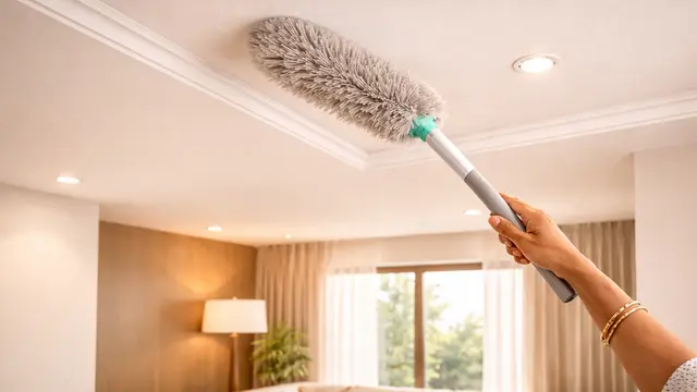 Close-up of a clean white gypsum false ceiling with a soft microfibre cloth and a long-handled duster on a step ladder below, daylight