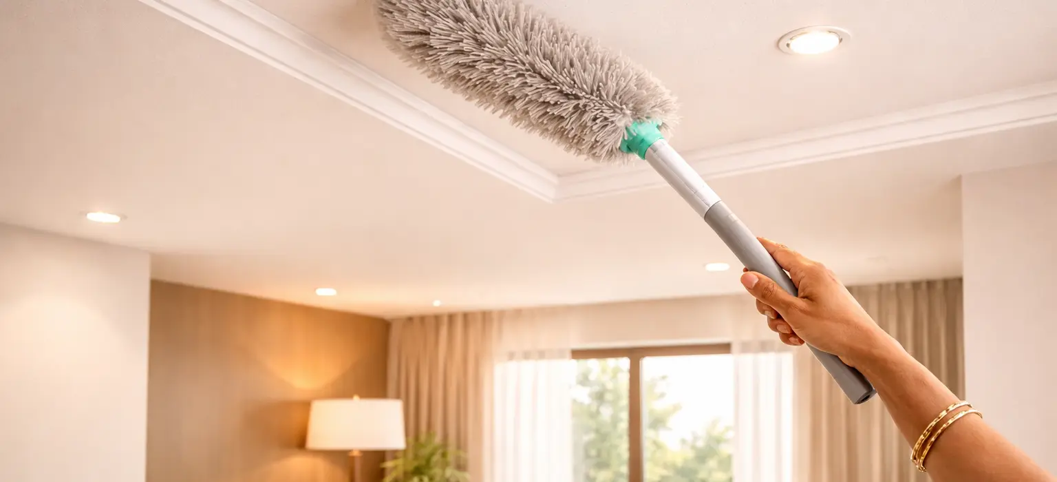 Close-up of a clean white gypsum false ceiling with a soft microfibre cloth and a long-handled duster on a step ladder below, daylight