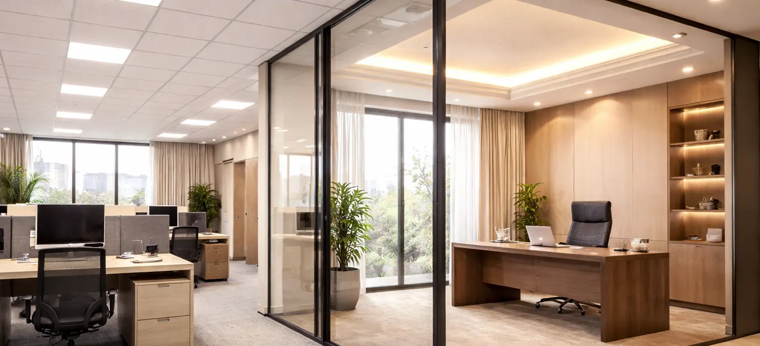 Modern Bangalore office floor — half showing a clean Armstrong grid ceiling with linear lights, half showing a layered gypsum ceiling with strip lighting, daytime