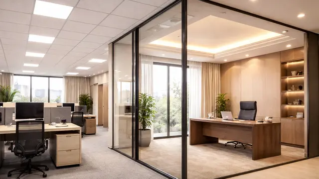 Modern Bangalore office floor — half showing a clean Armstrong grid ceiling with linear lights, half showing a layered gypsum ceiling with strip lighting, daytime