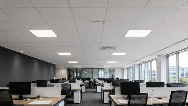 Modern Bangalore office floor — half showing a clean Armstrong grid ceiling with linear lights, half showing a layered gypsum ceiling with strip lighting, daytime
