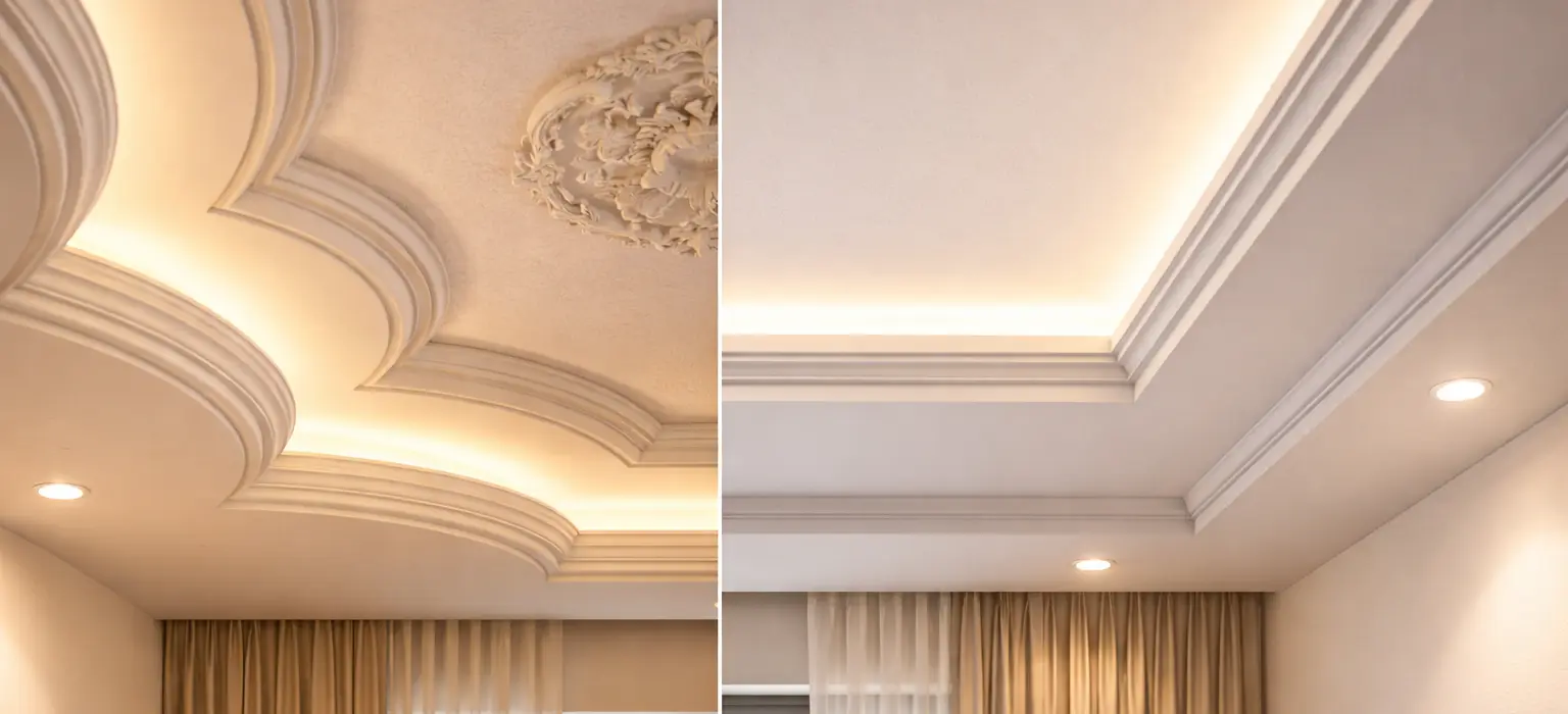Side-by-side comparison image: a layered modern gypsum ceiling on the left, a classical four-tier POP cornice on the right, both photographed in similar warm daylight