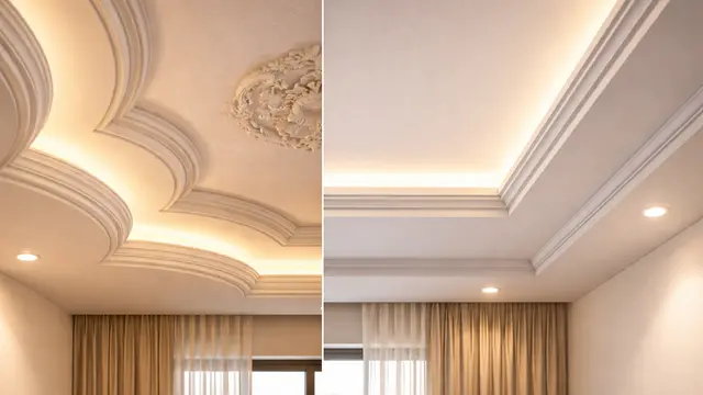Side-by-side comparison image: a layered modern gypsum ceiling on the left, a classical four-tier POP cornice on the right, both photographed in similar warm daylight