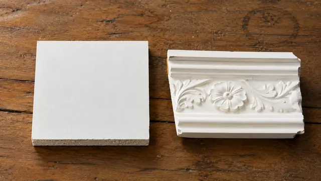 Side-by-side comparison image: a layered modern gypsum ceiling on the left, a classical four-tier POP cornice on the right, both photographed in similar warm daylight