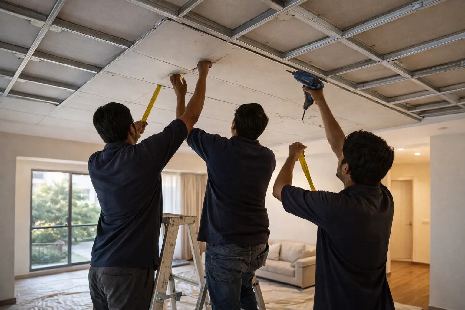 Nexus installation team fitting a gypsum false ceiling in a Bangalore apartment