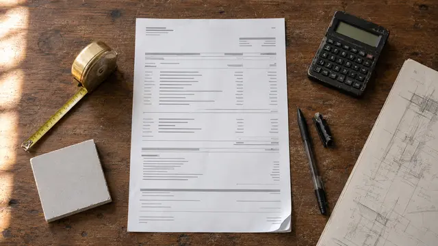 Editorial flat-lay: a printed quotation page, a brand-stamped sample board fragment, and a hand-sketched floor plan on a desk, warm daylight, no people visible