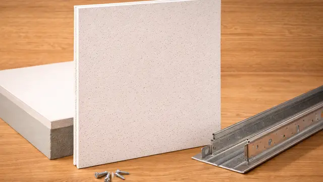 Two ceiling boards side by side on a workshop bench — Saint-Gobain Gyproc gypsum on one side, Armstrong mineral fibre tile on the other, brand markings visible, warm daylight