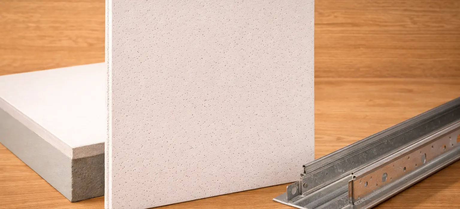 Two ceiling boards side by side on a workshop bench — Saint-Gobain Gyproc gypsum on one side, Armstrong mineral fibre tile on the other, brand markings visible, warm daylight