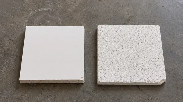 Two ceiling boards side by side on a workshop bench — Saint-Gobain Gyproc gypsum on one side, Armstrong mineral fibre tile on the other, brand markings visible, warm daylight
