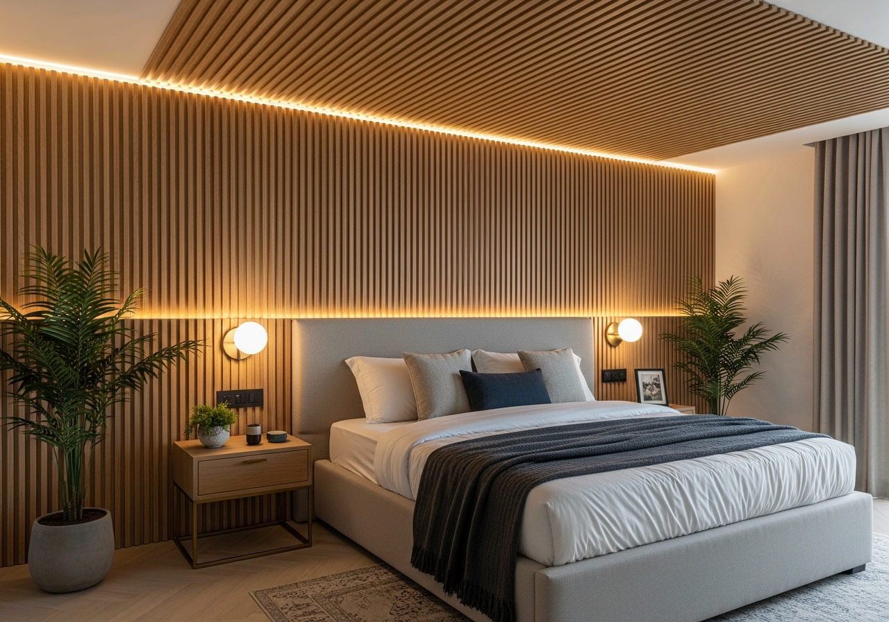 Fluted panelling in a Bangalore bedroom feature wall