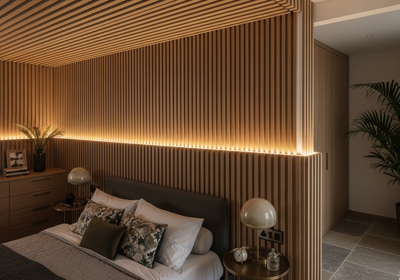 Fluted panelling in a Bangalore bedroom feature wall