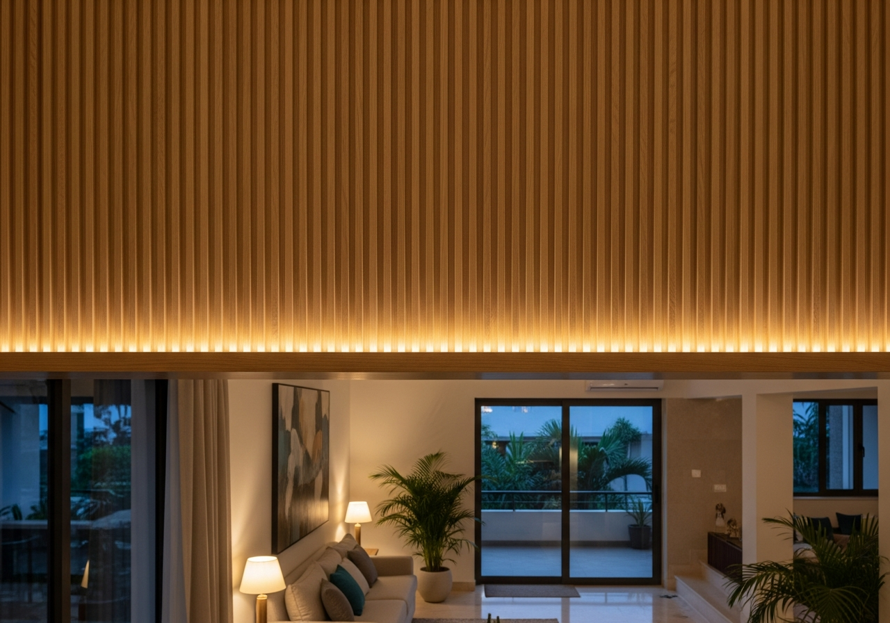 Fluted panelling in a Bangalore bedroom feature wall