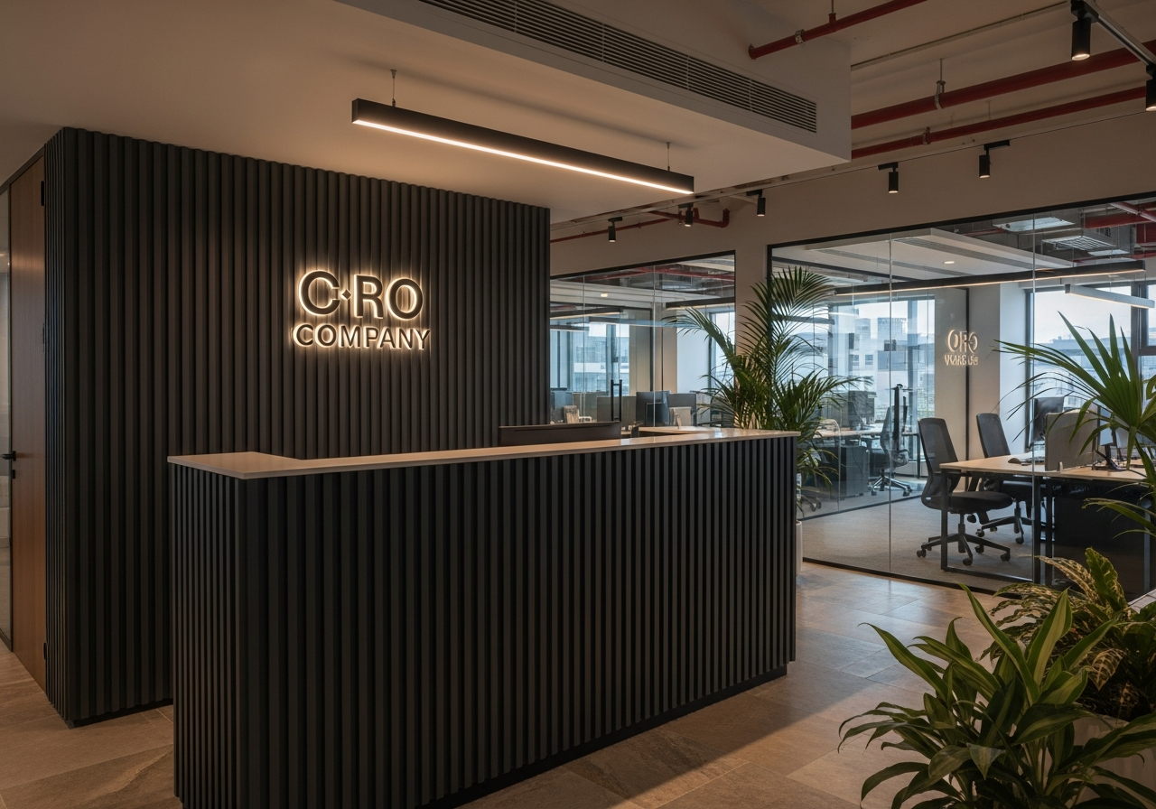 Fluted panelling in a Bangalore office reception