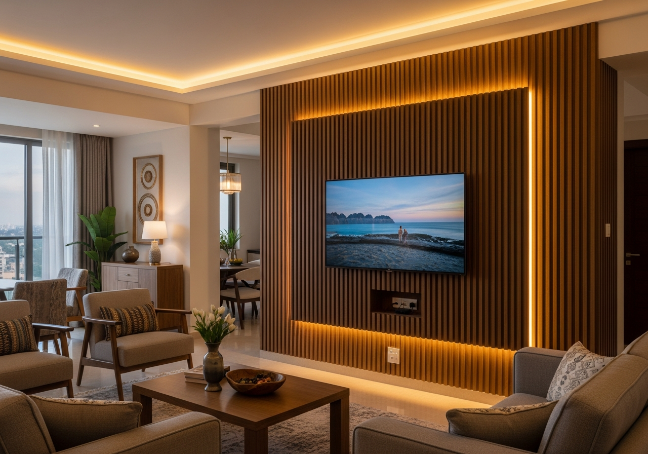 Fluted panelling in a Bangalore living room