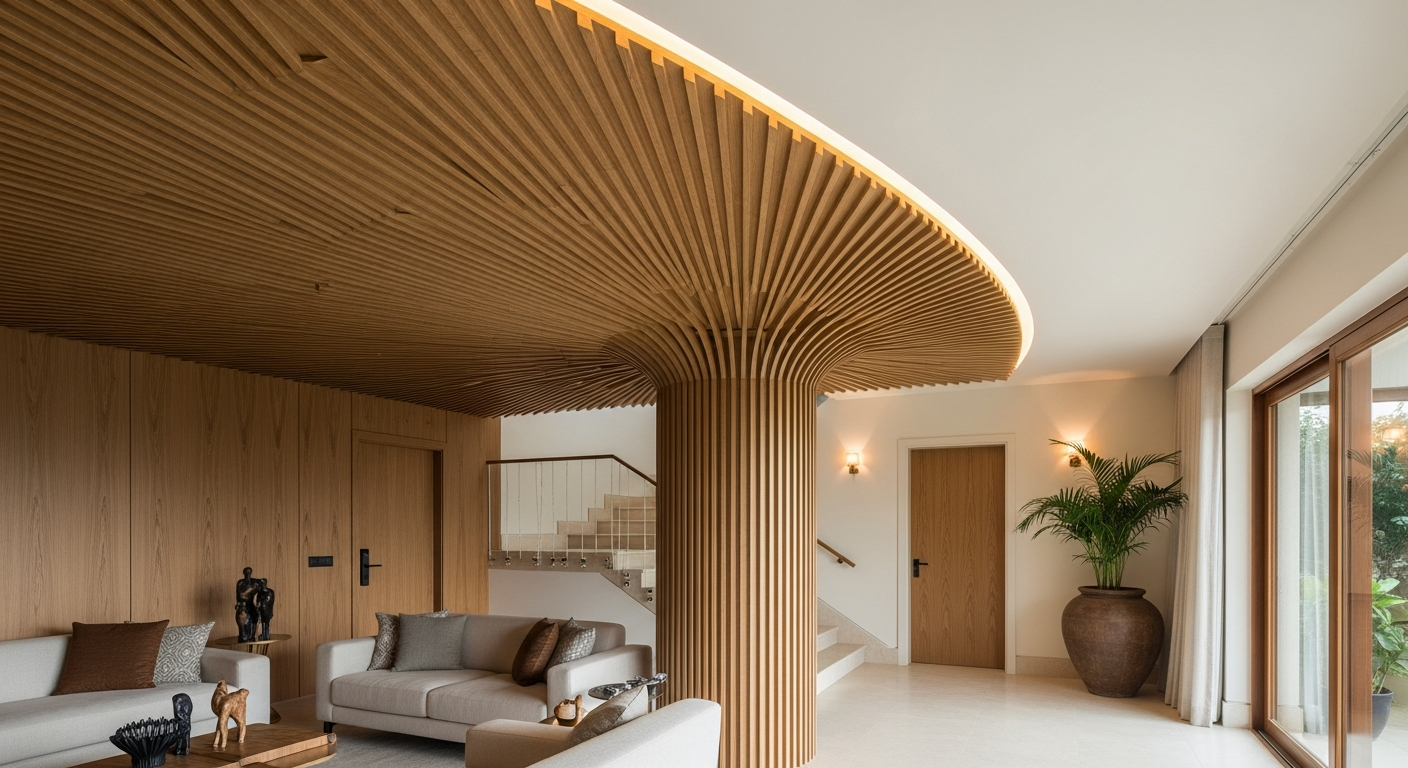 Fluted panelling in a Bangalore bedroom feature wall
