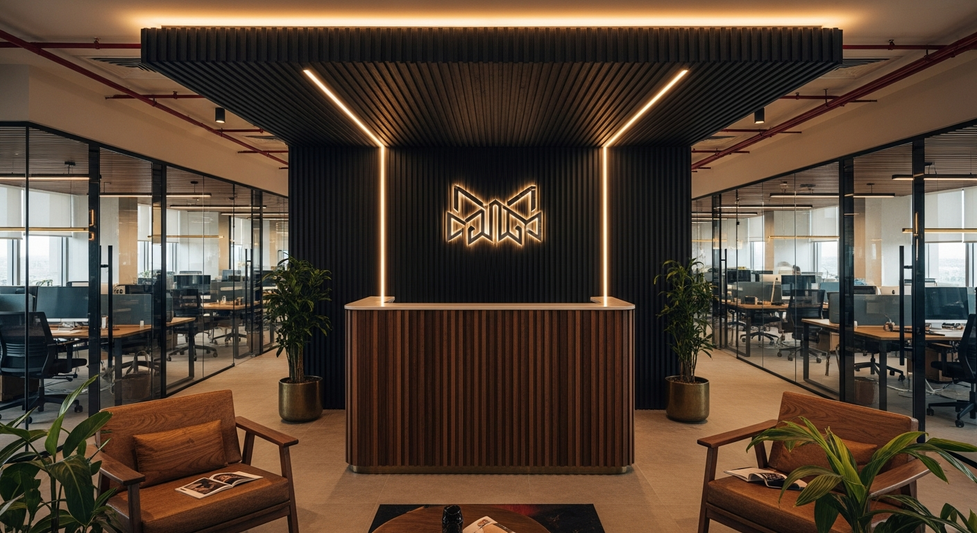 Fluted panelling in a Bangalore office reception