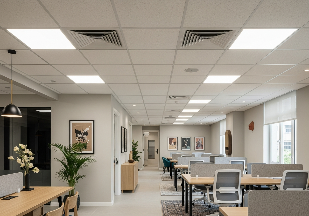 Grid ceiling in a Bangalore co-working space