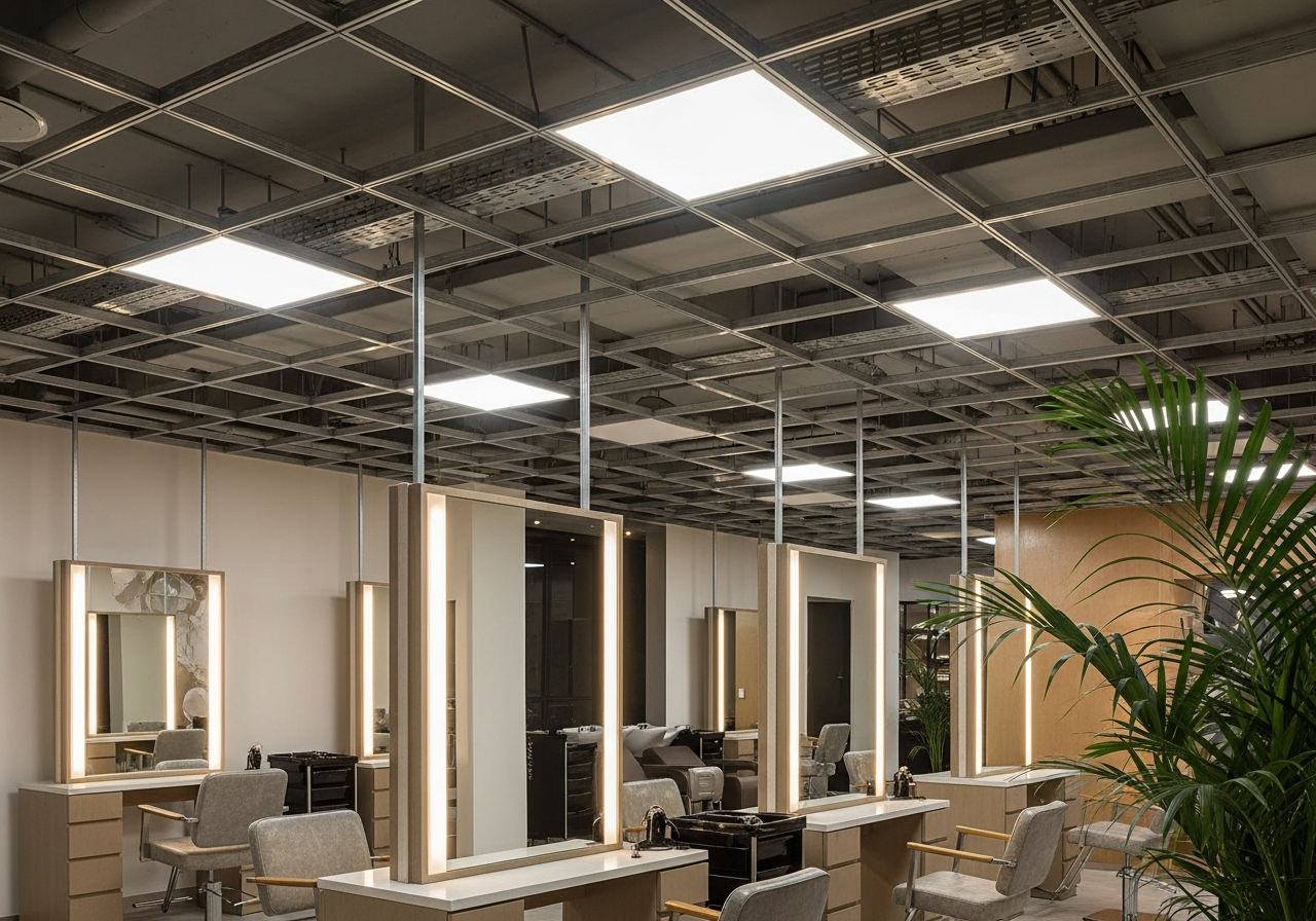 Grid ceiling in a Bangalore co-working space