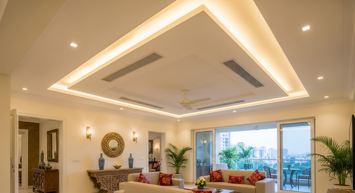 POP false ceiling in a Bangalore apartment with tray ceiling