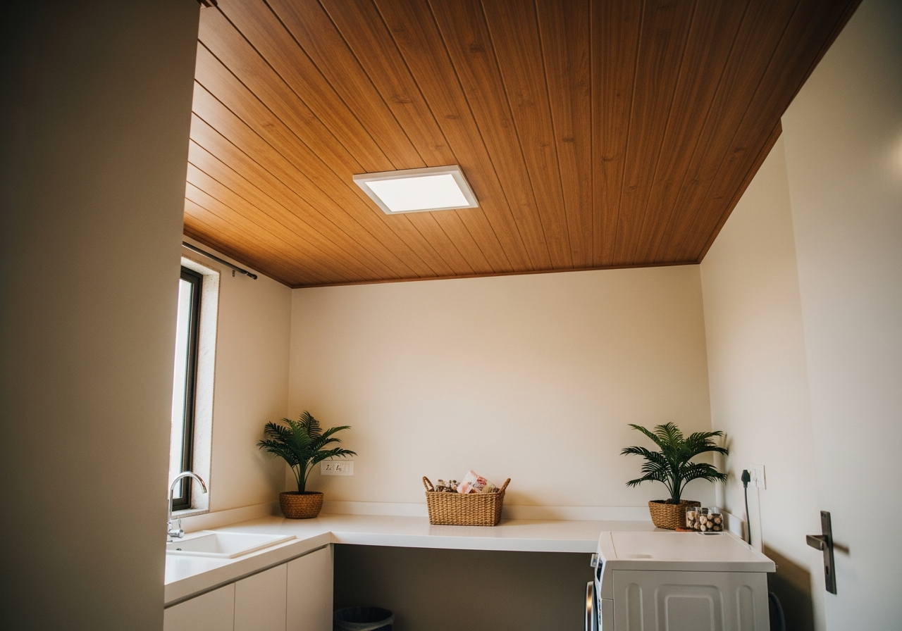 PVC false ceiling in a Bangalore living room with woodgrain ceiling