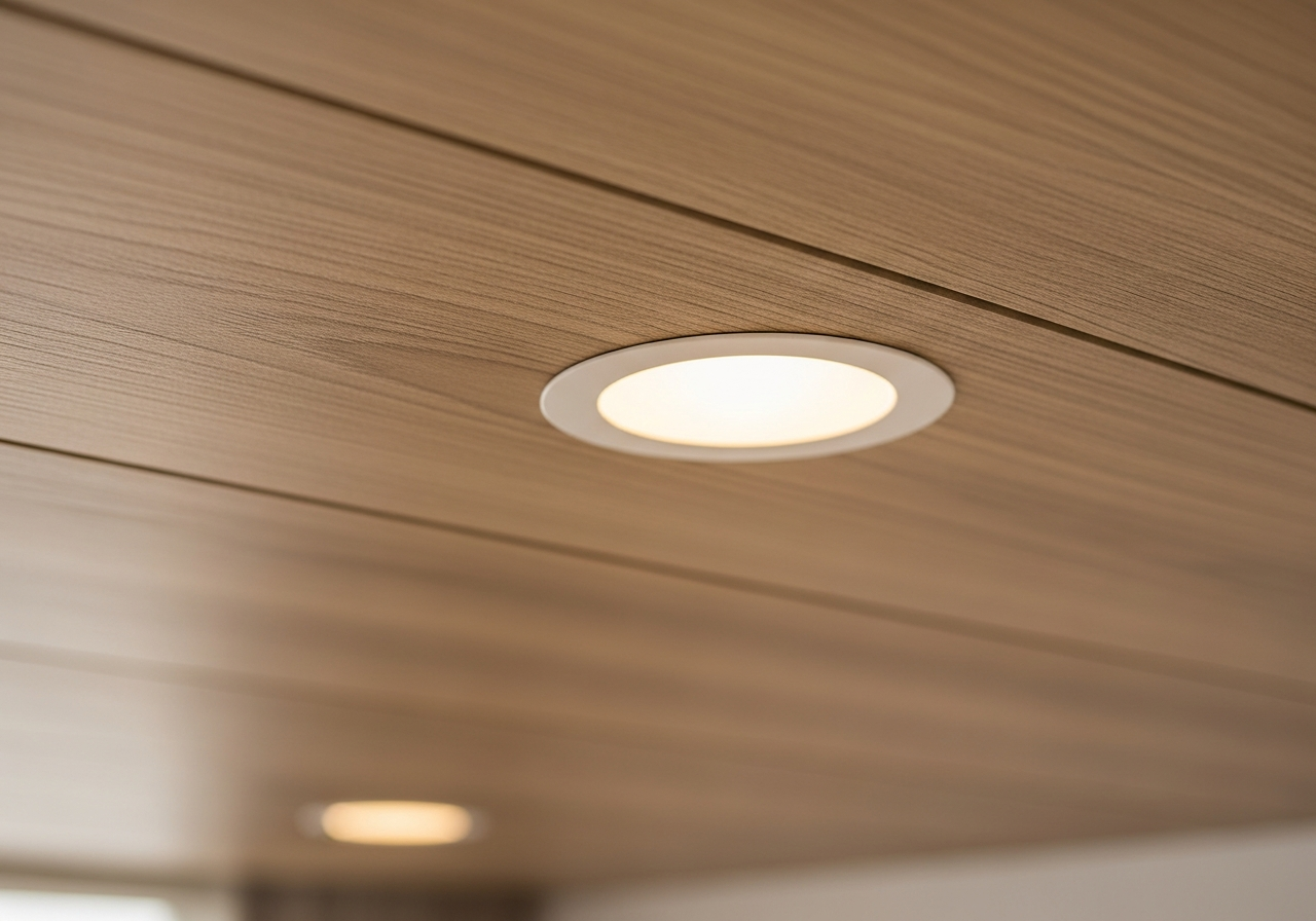 PVC false ceiling in a Bangalore living room with woodgrain ceiling