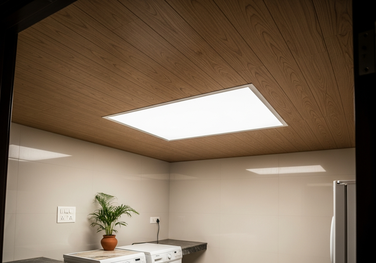 PVC false ceiling in a Bangalore living room with woodgrain ceiling