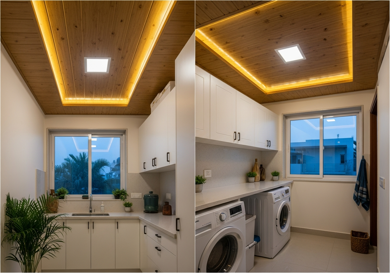 PVC false ceiling in a Bangalore living room with woodgrain ceiling