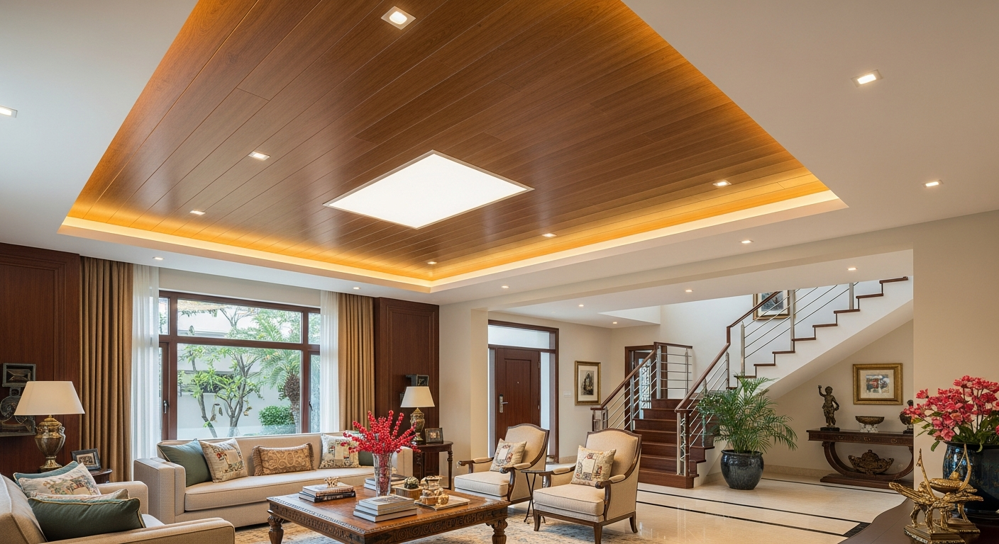 PVC false ceiling in a Bangalore living room with woodgrain ceiling